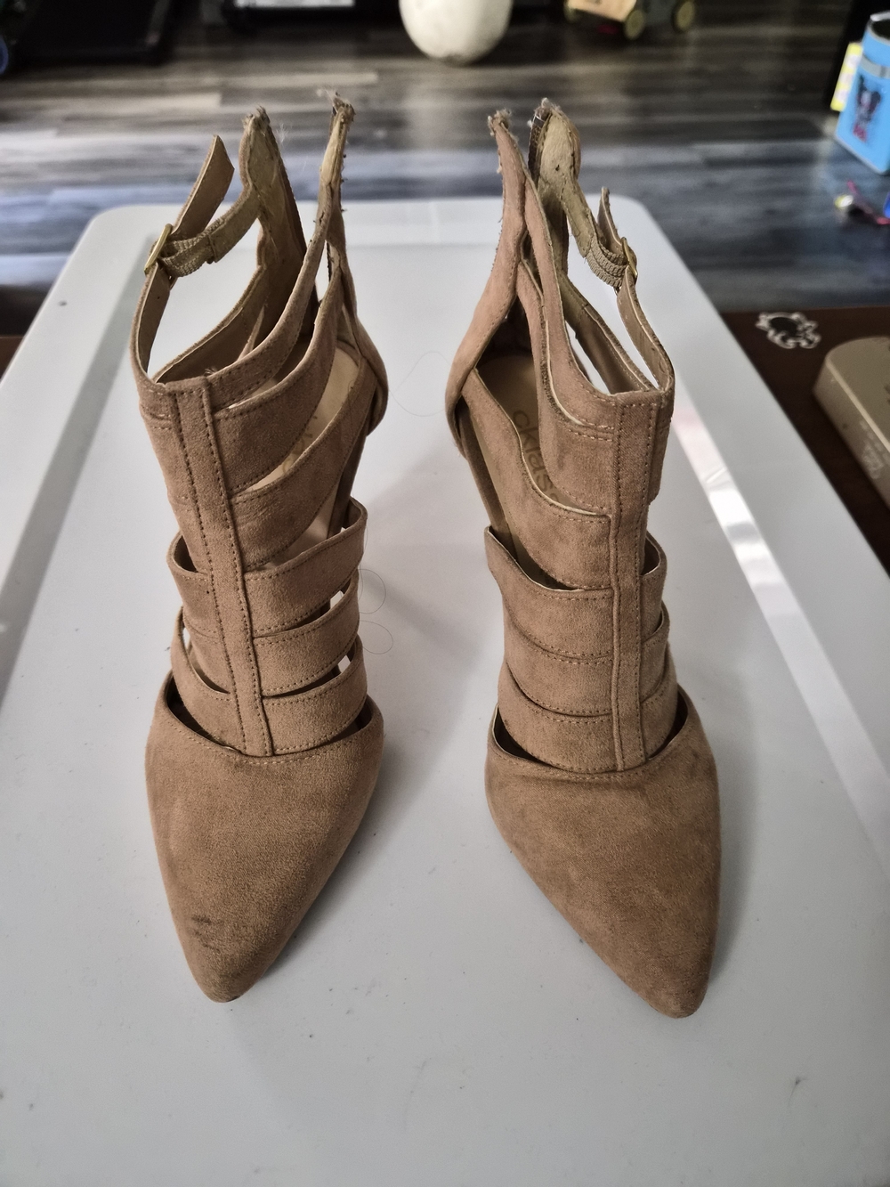 Strappy Pointed-Toe Suede Heels in Tan